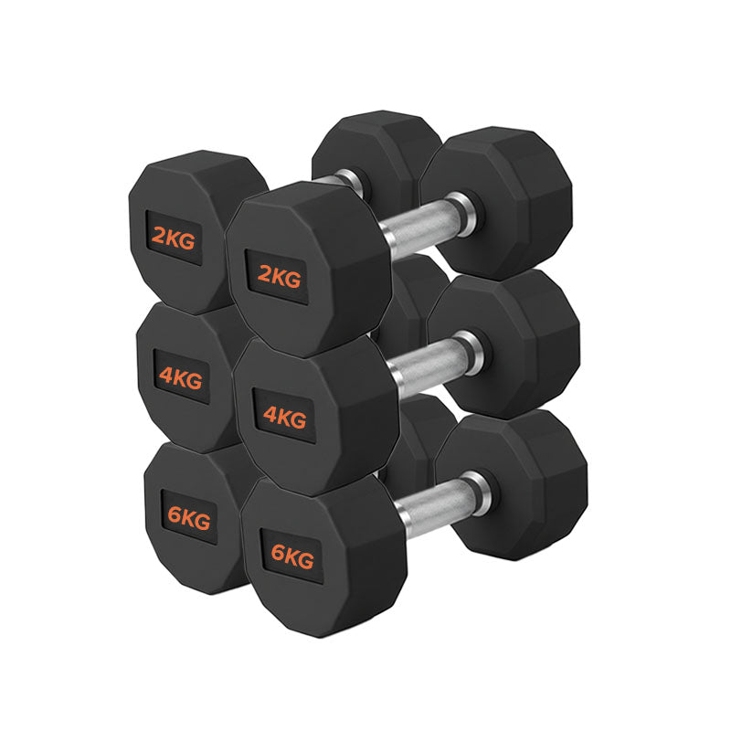 Hex dumbbell pairs on a compact storage rack