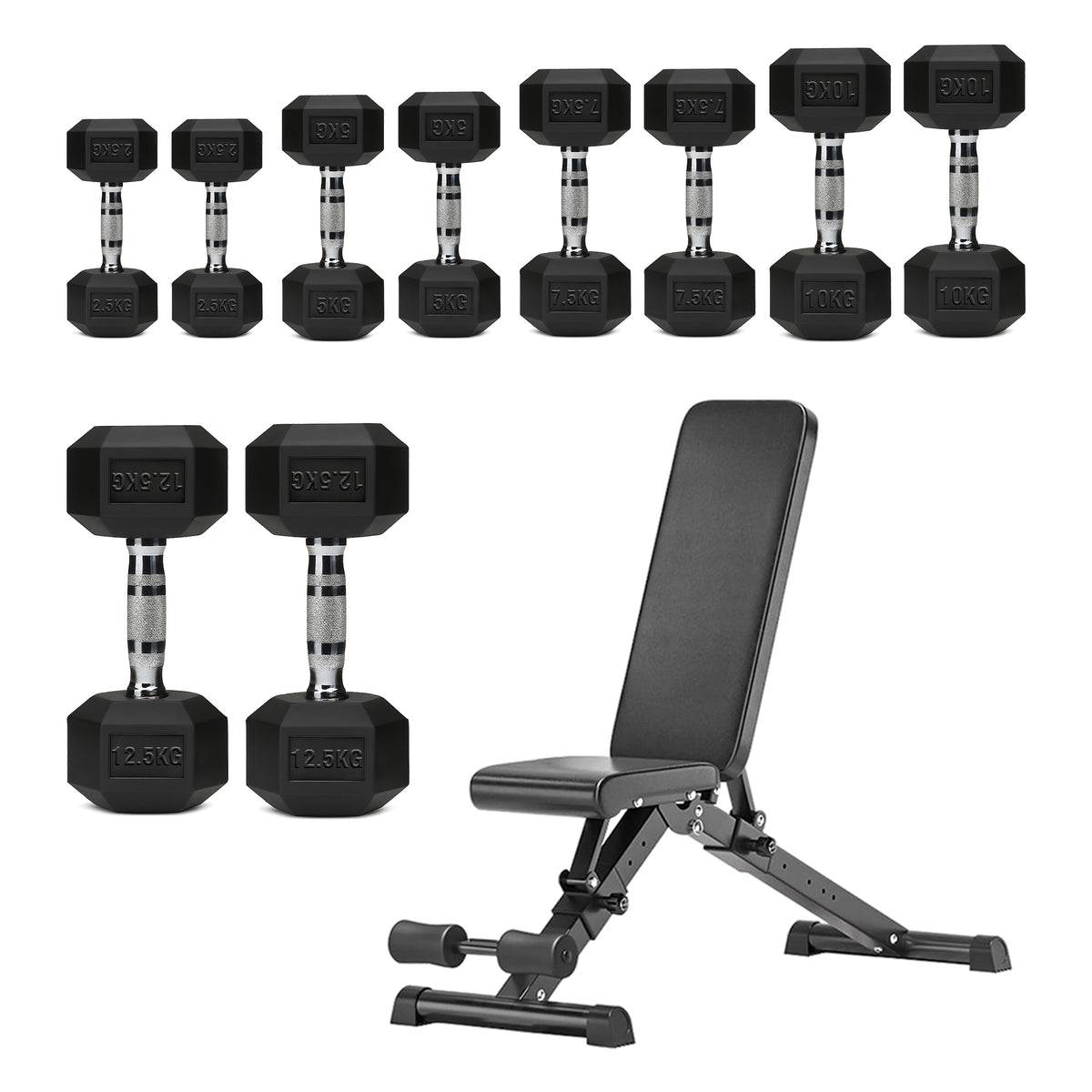 Hex dumbbell set with adjustable weight bench