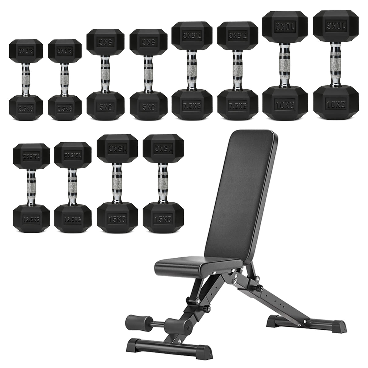 Hex dumbbell set with adjustable weight bench