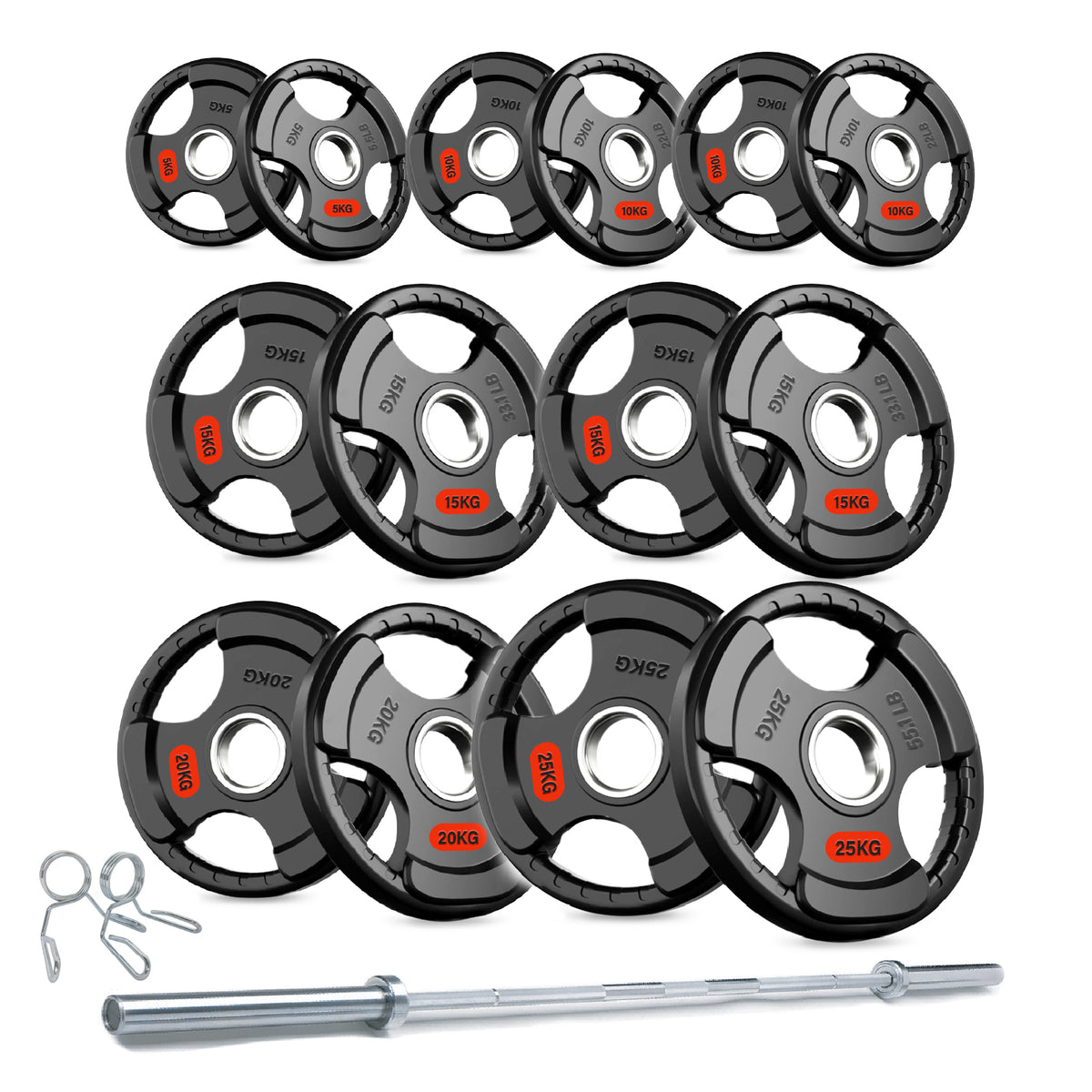 Tri-grip weight plate set with barbell and spring collars