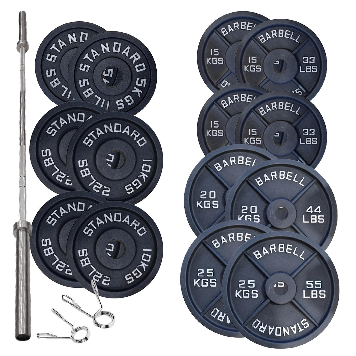 Cast iron weight plate set with barbell and spring collars