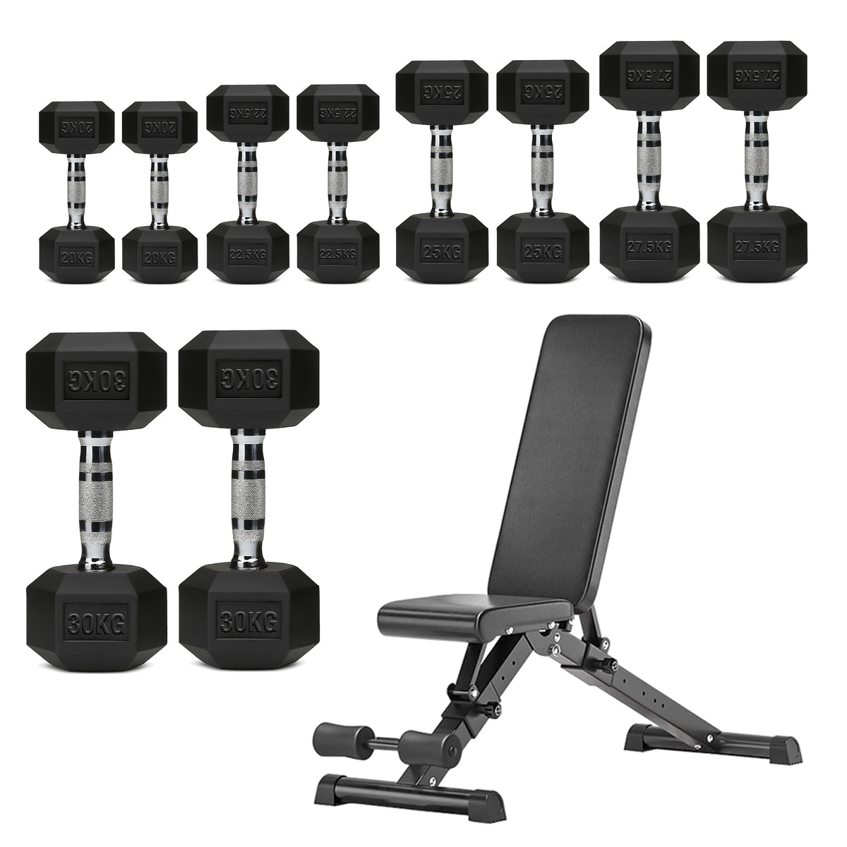 Hex dumbbell set with adjustable weight bench