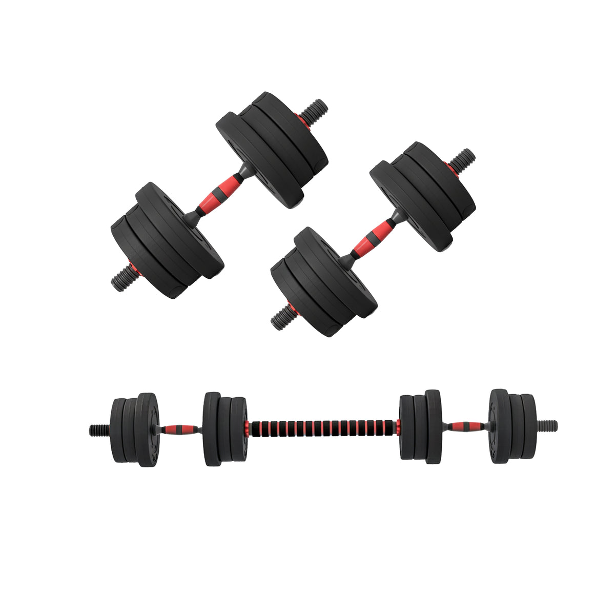 Adjustable dumbbells and connected barbell configuration