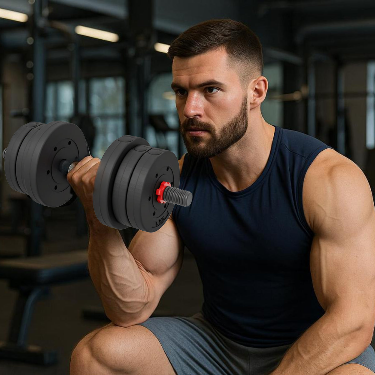 Person training with adjustable dumbbells or a barbell