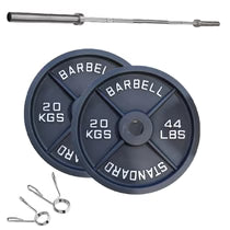 Cast iron weight plate set with barbell and spring collars