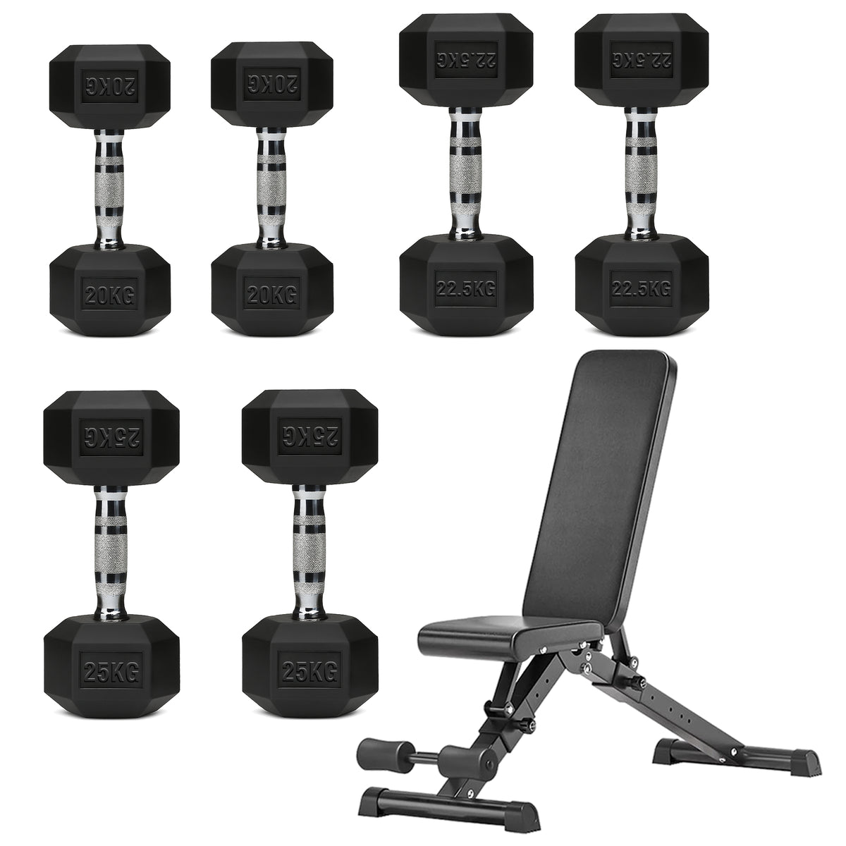 Hex dumbbell set with adjustable weight bench