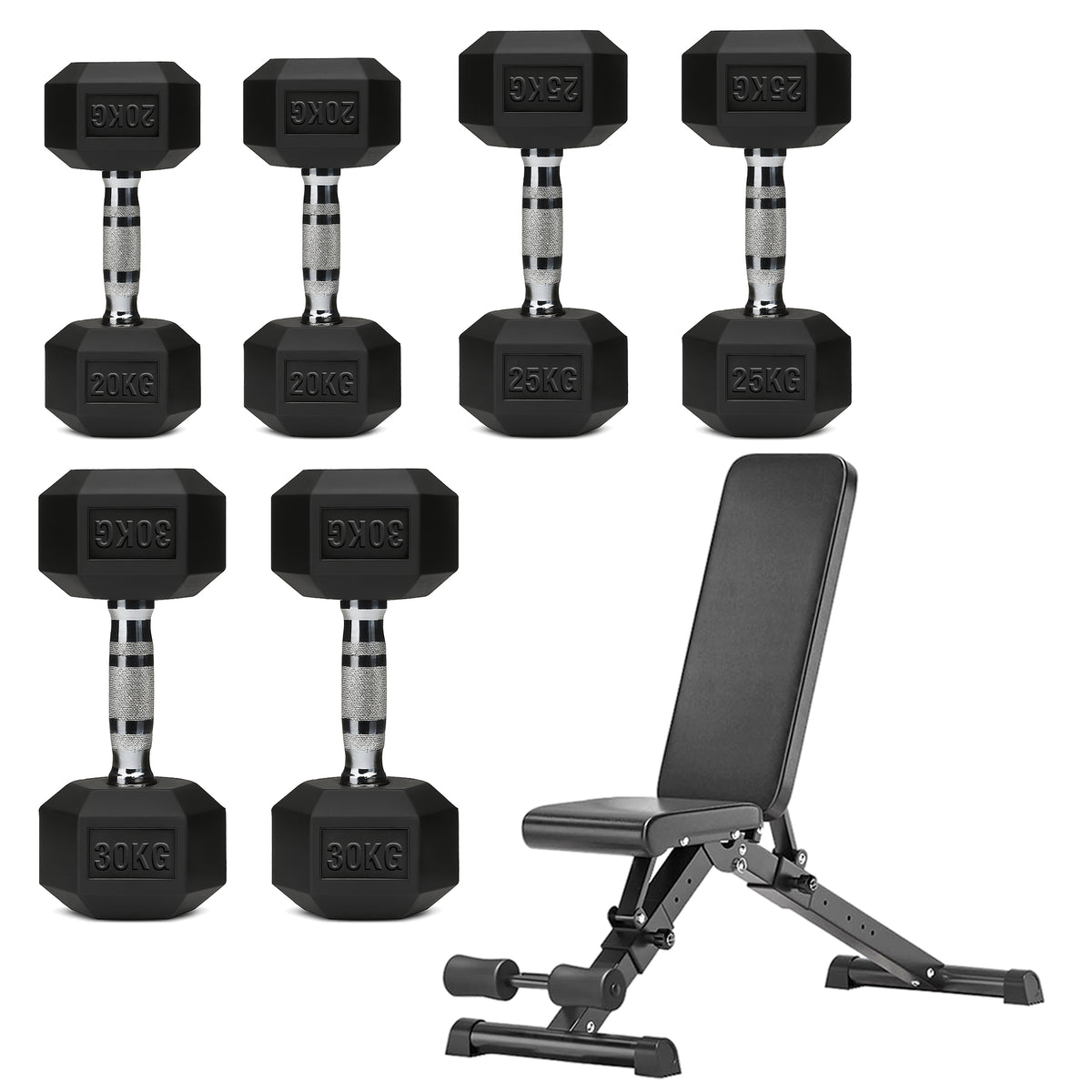 Hex dumbbell set with adjustable weight bench