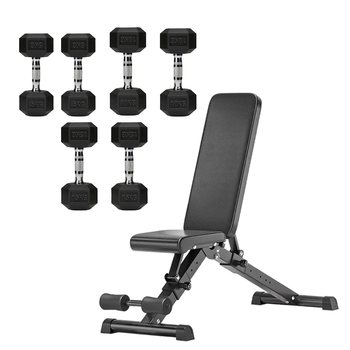 Hex dumbbell set with adjustable weight bench