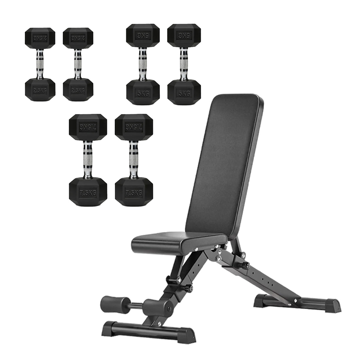 Hex dumbbell set with adjustable weight bench