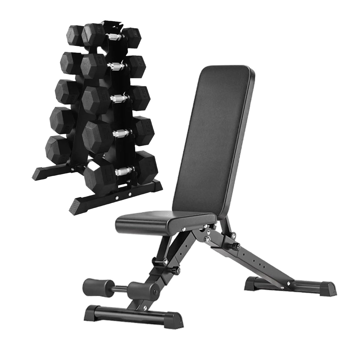 Five-tier dumbbell rack set with adjustable bench