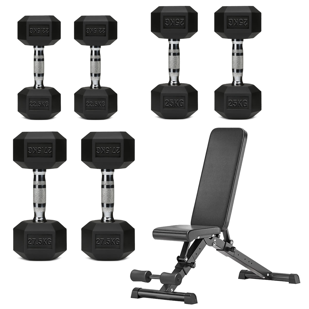 Hex dumbbell set with adjustable weight bench