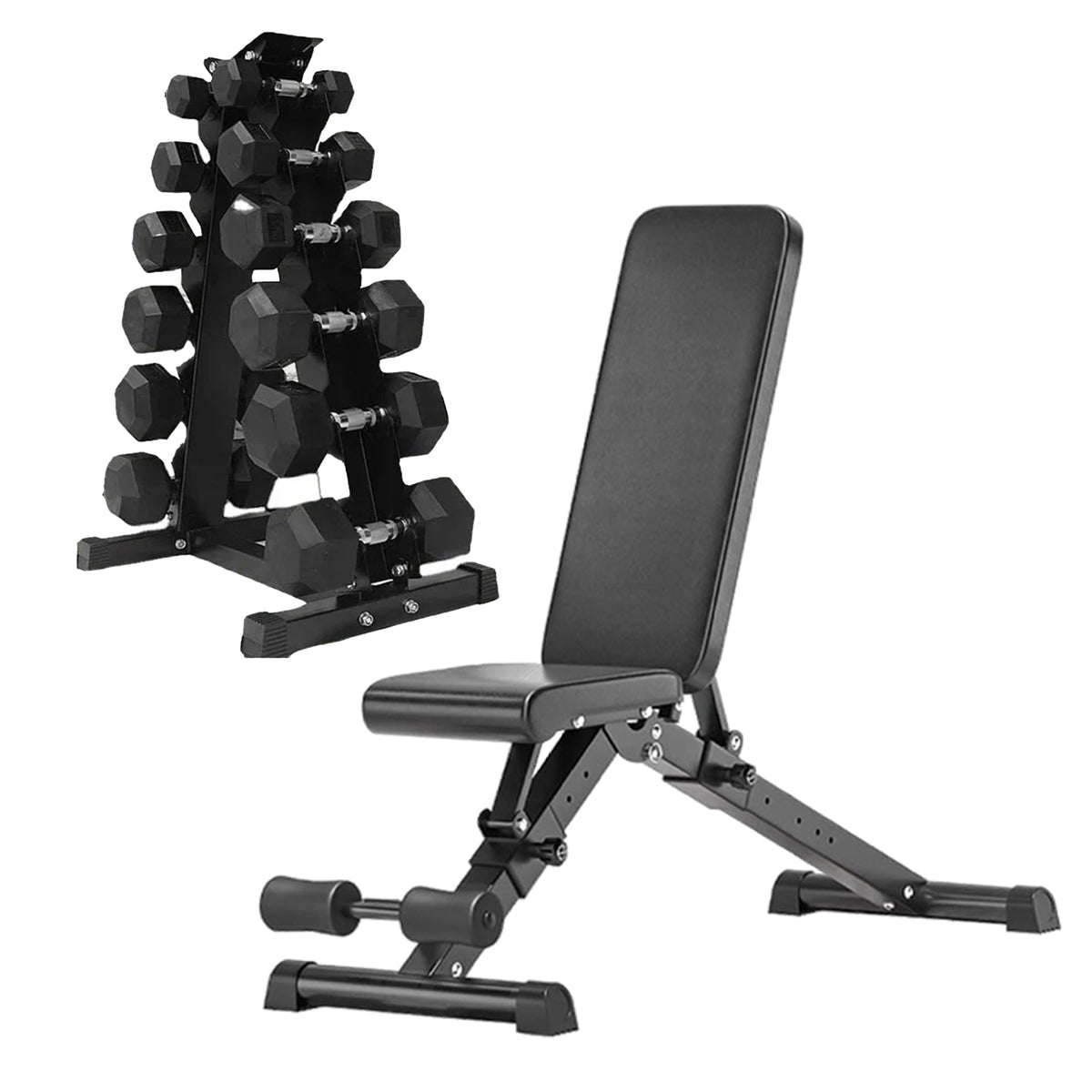 Six-tier dumbbell rack set with adjustable bench