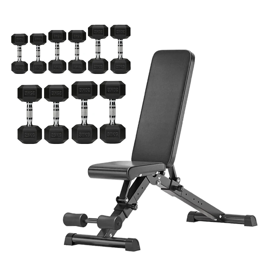 Hex dumbbell set with adjustable weight bench