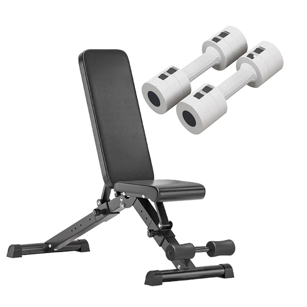 Light-coloured adjustable dumbbells and weight bench