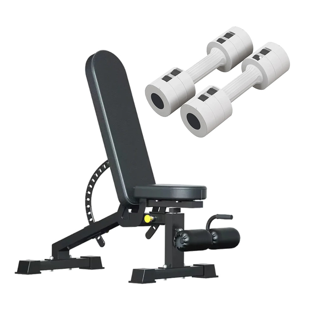 Light-coloured adjustable dumbbells and weight bench