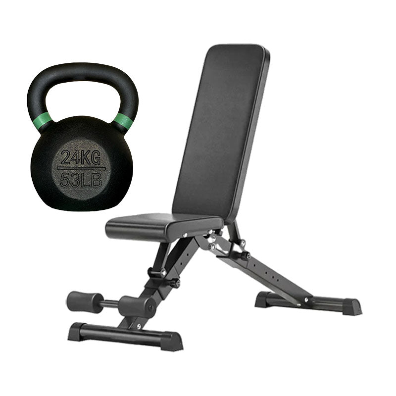 Cast iron kettlebell and adjustable weight bench