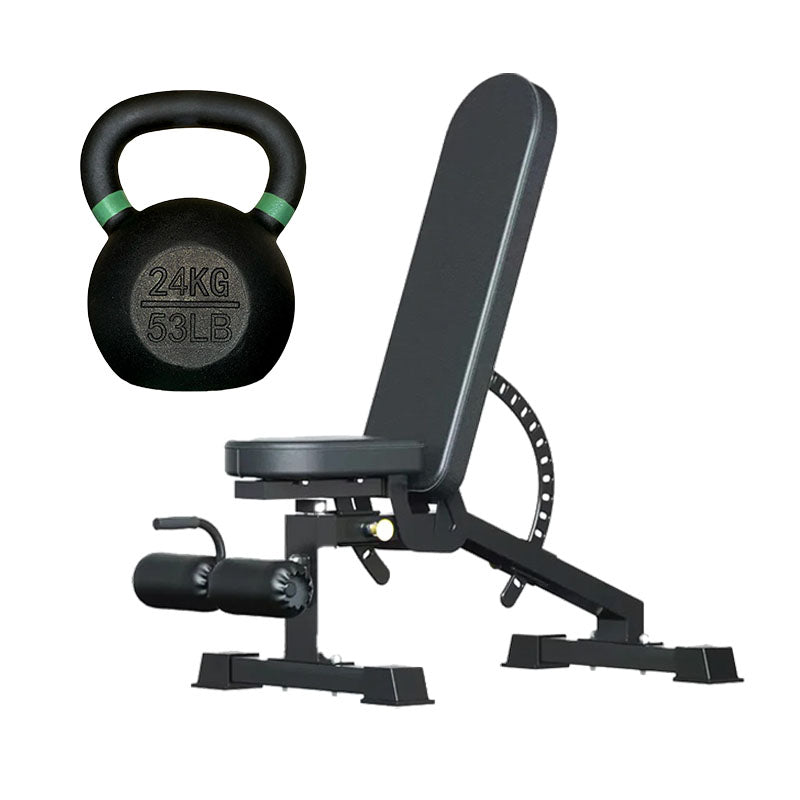 Cast iron kettlebell and adjustable weight bench