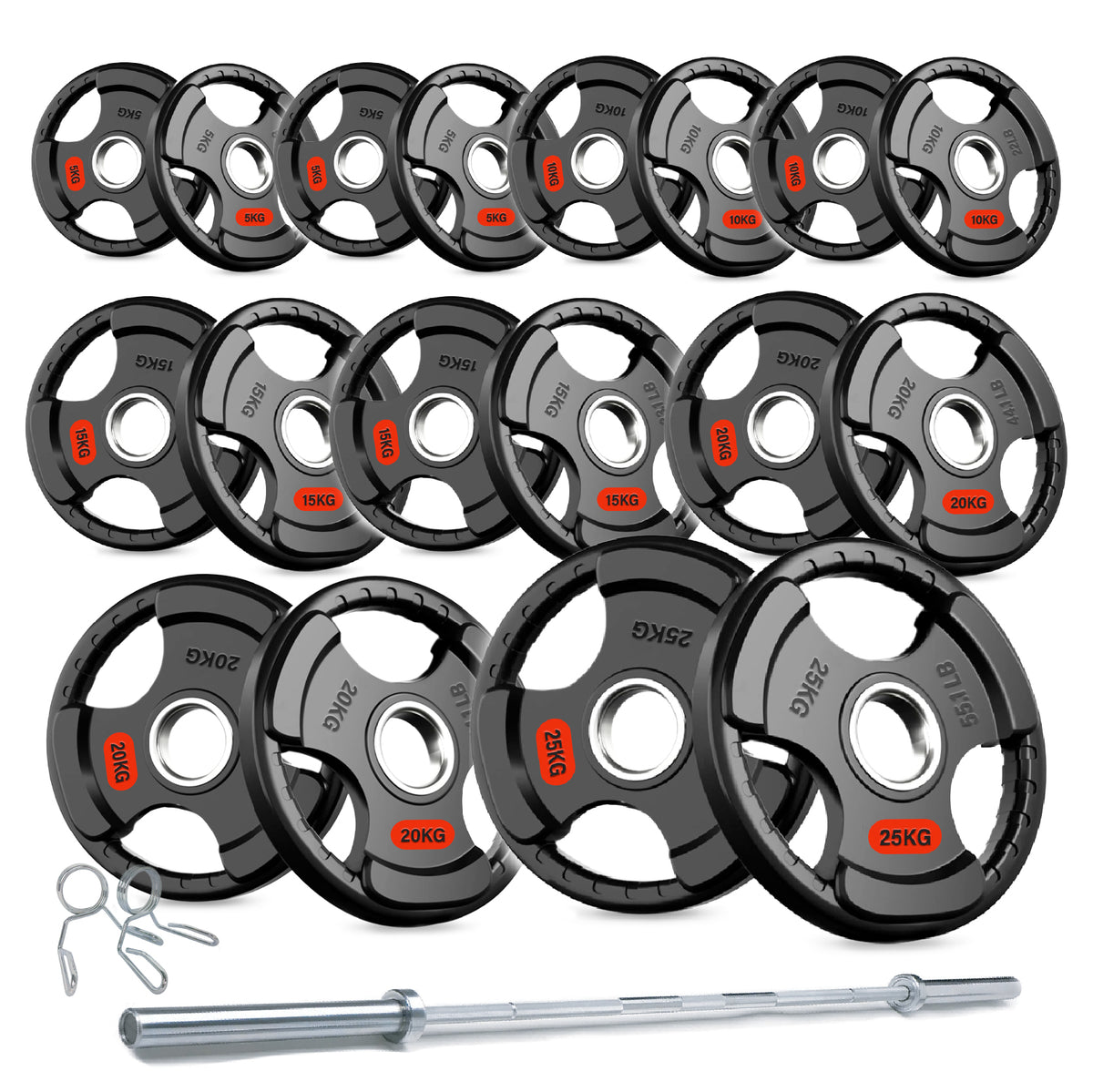 Tri-grip weight plate set with barbell and spring collars