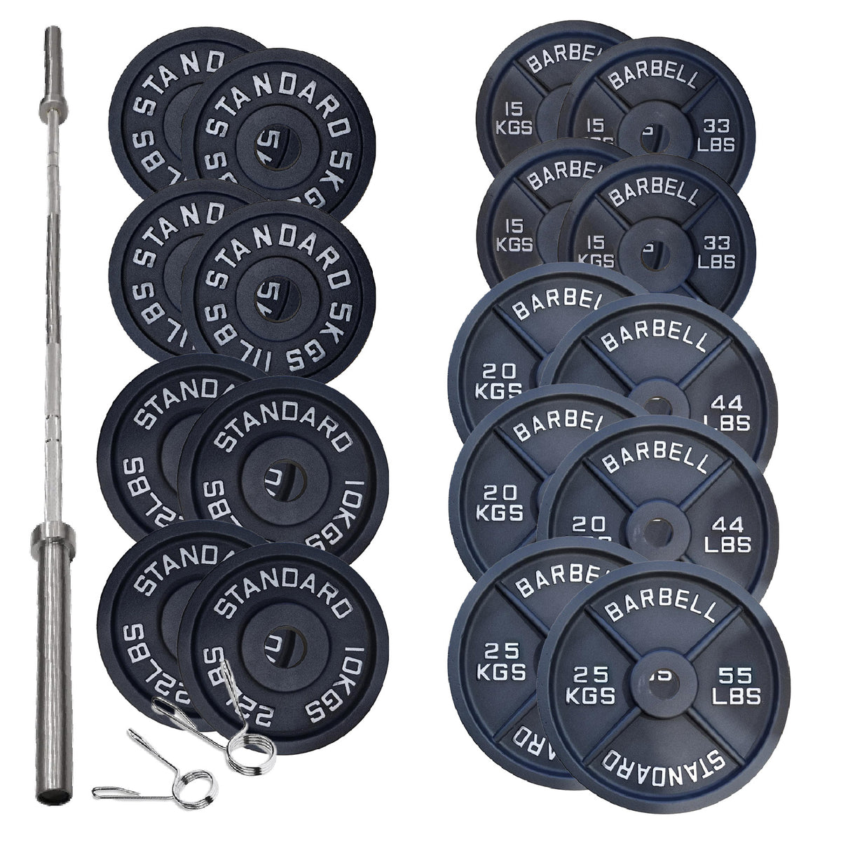 Cast iron weight plate set with barbell and spring collars