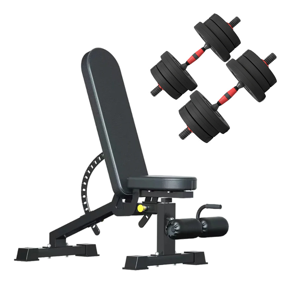 Adjustable dumbbell pair with weight bench