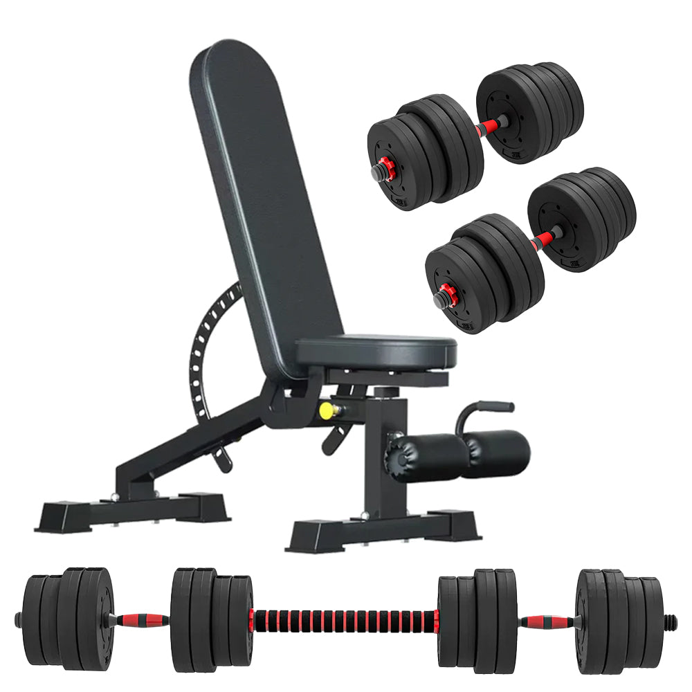 Adjustable dumbbells, barbell and weight bench