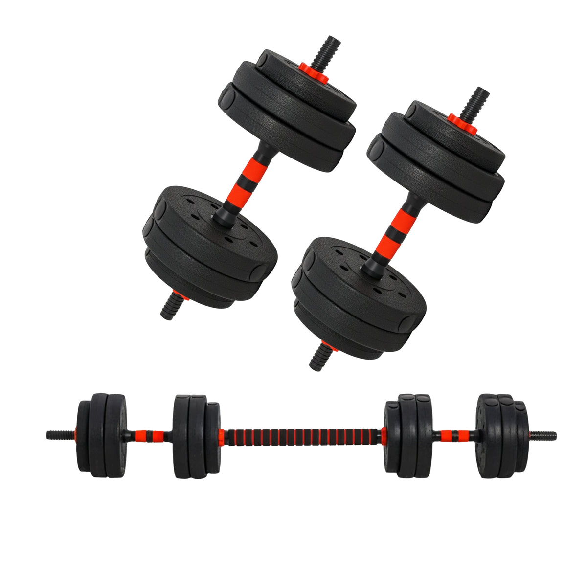 Adjustable dumbbells and connected barbell configuration