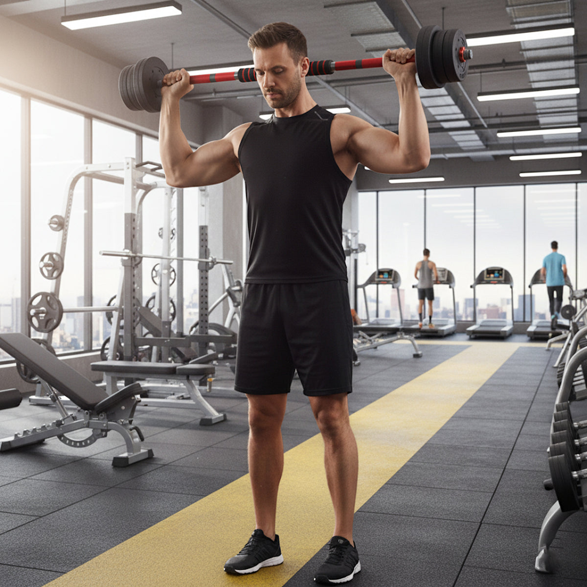 Person training with adjustable dumbbells or a barbell