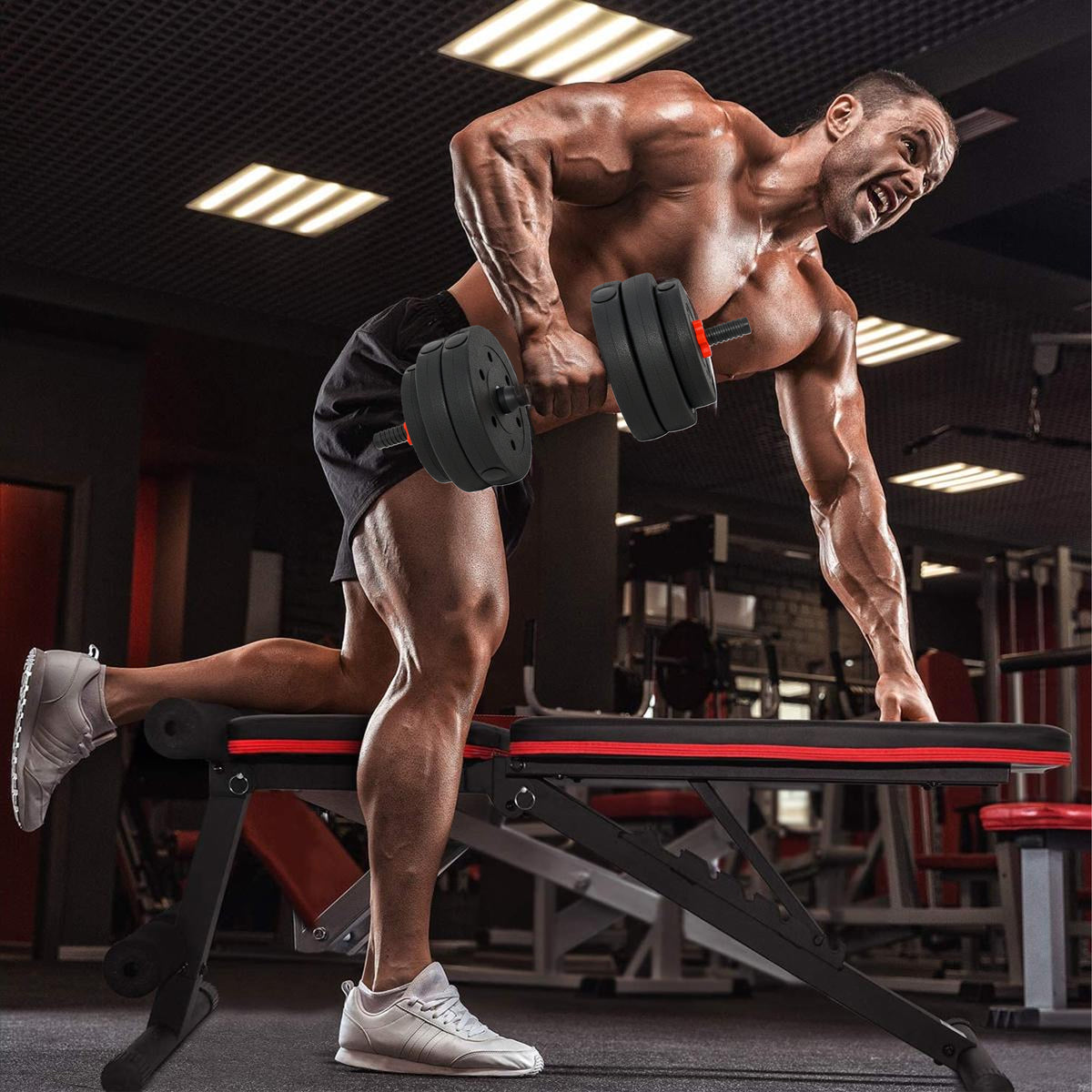 Person training with adjustable dumbbells or a barbell