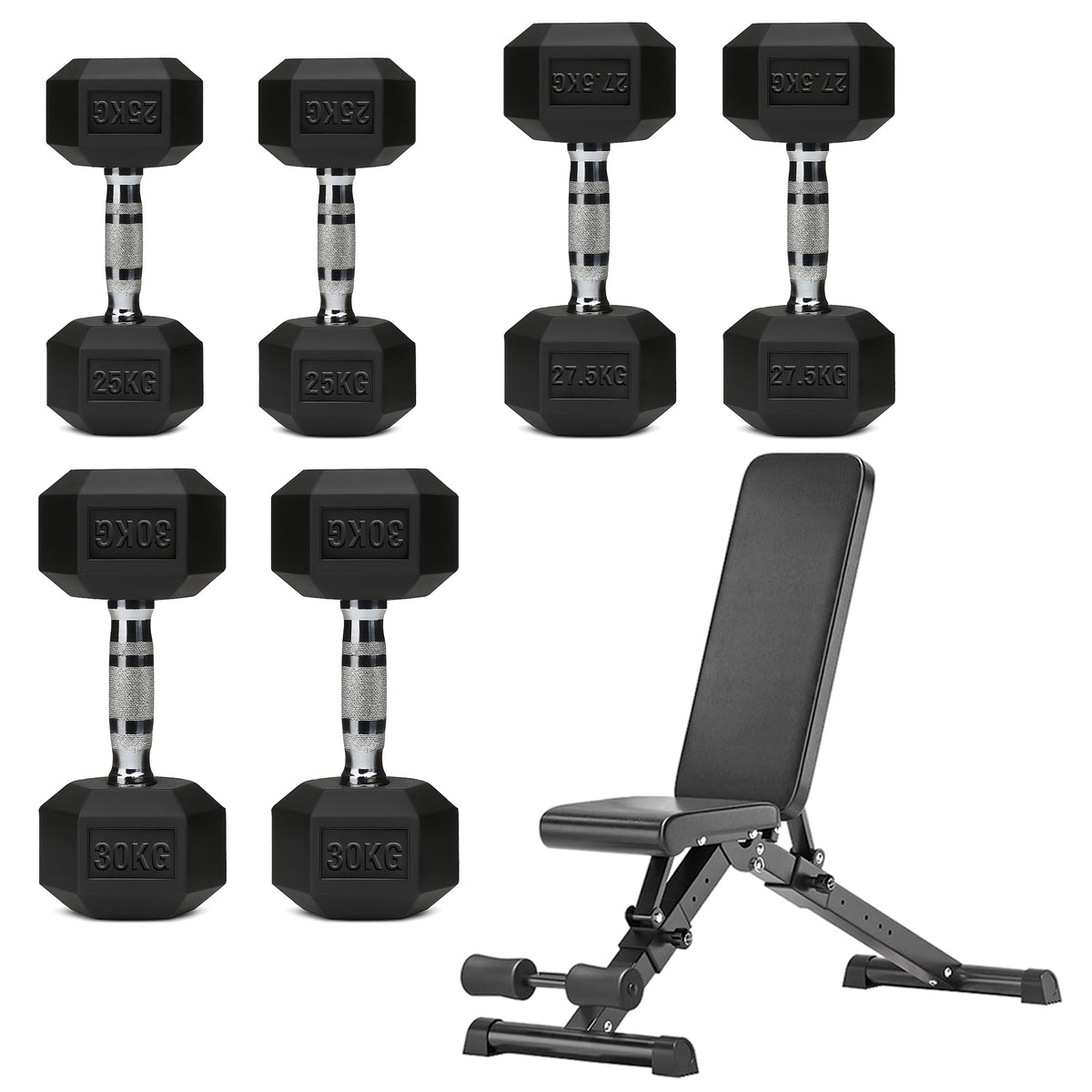Hex dumbbell set with adjustable weight bench