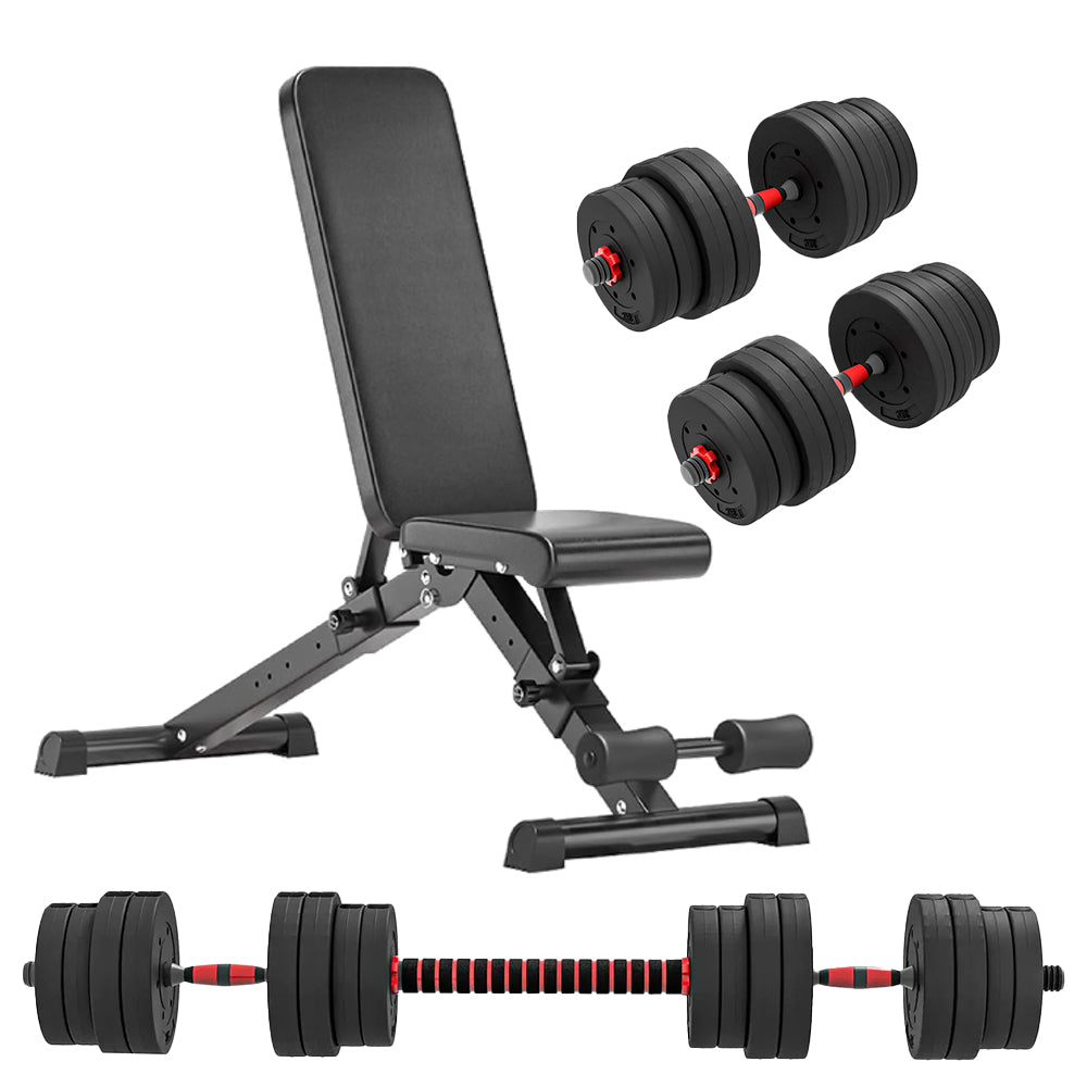 Adjustable dumbbells, barbell and weight bench