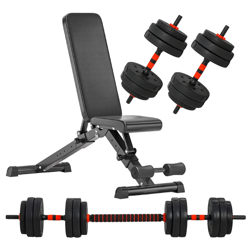 Adjustable dumbbells, barbell and weight bench
