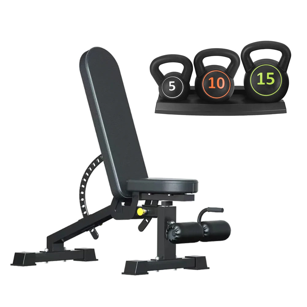Three-piece kettlebell set and weight bench