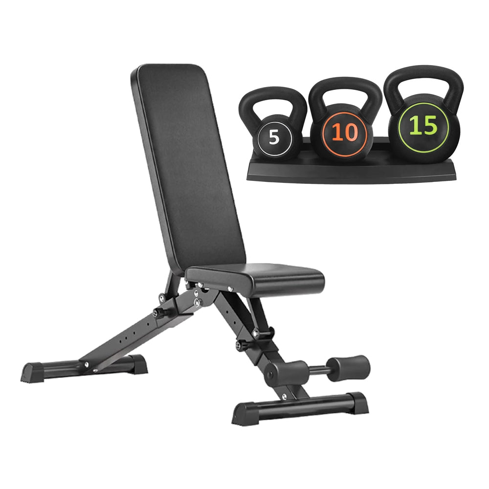 Three-piece kettlebell set and weight bench