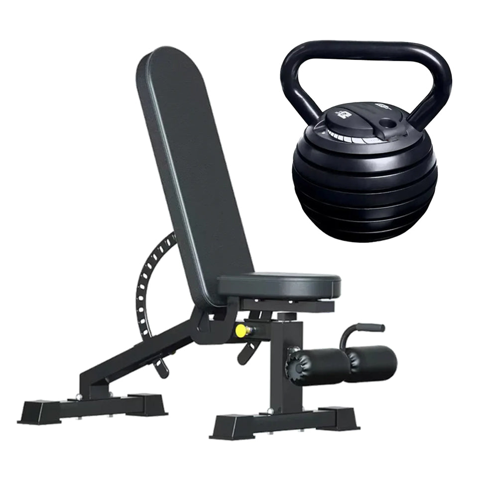 Adjustable kettlebell with weight bench