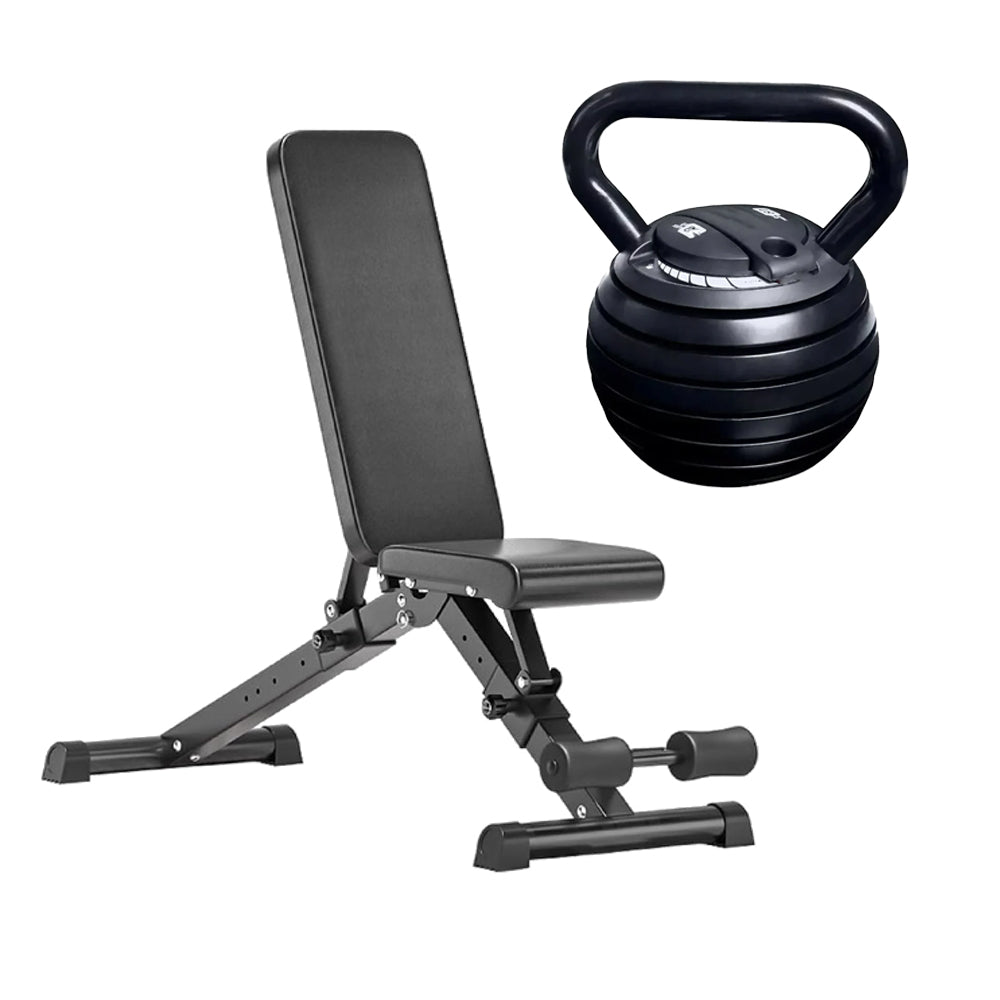 Adjustable kettlebell with weight bench