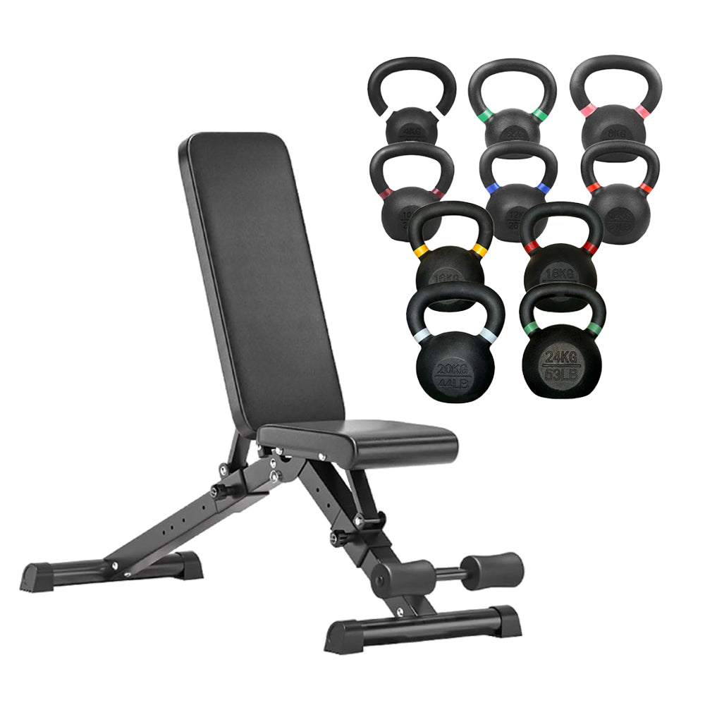 Set of cast iron kettlebells with adjustable weight bench