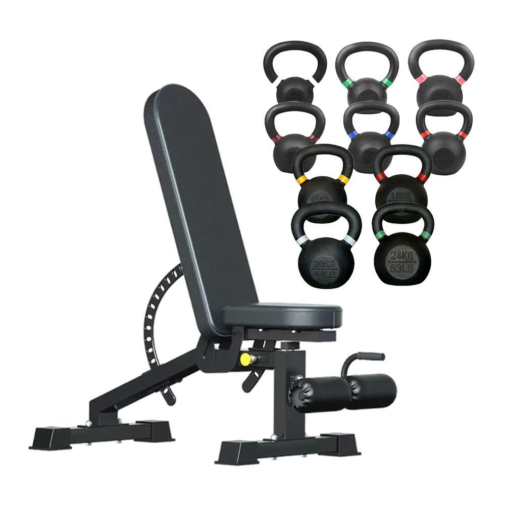 Set of cast iron kettlebells with adjustable weight bench