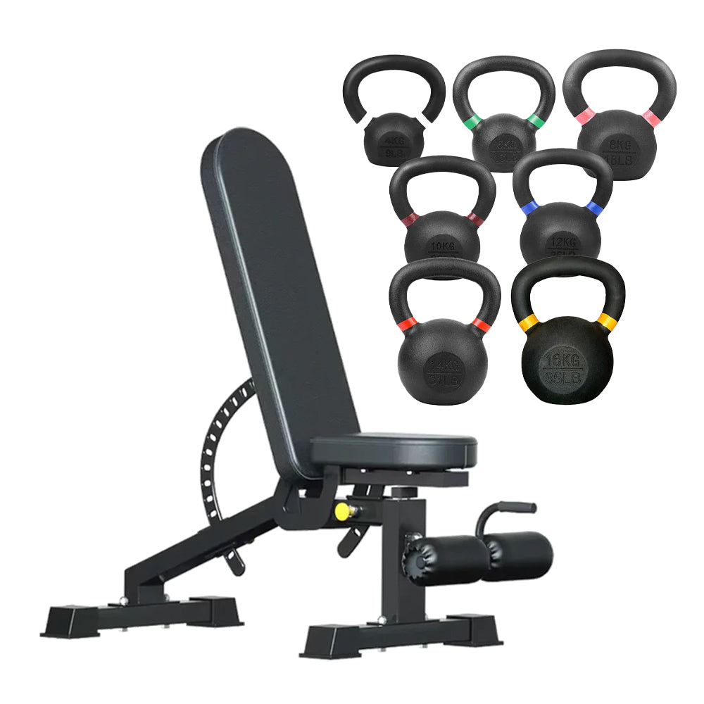 Set of cast iron kettlebells with adjustable weight bench