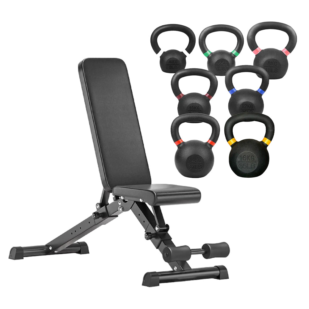 Set of cast iron kettlebells with adjustable weight bench