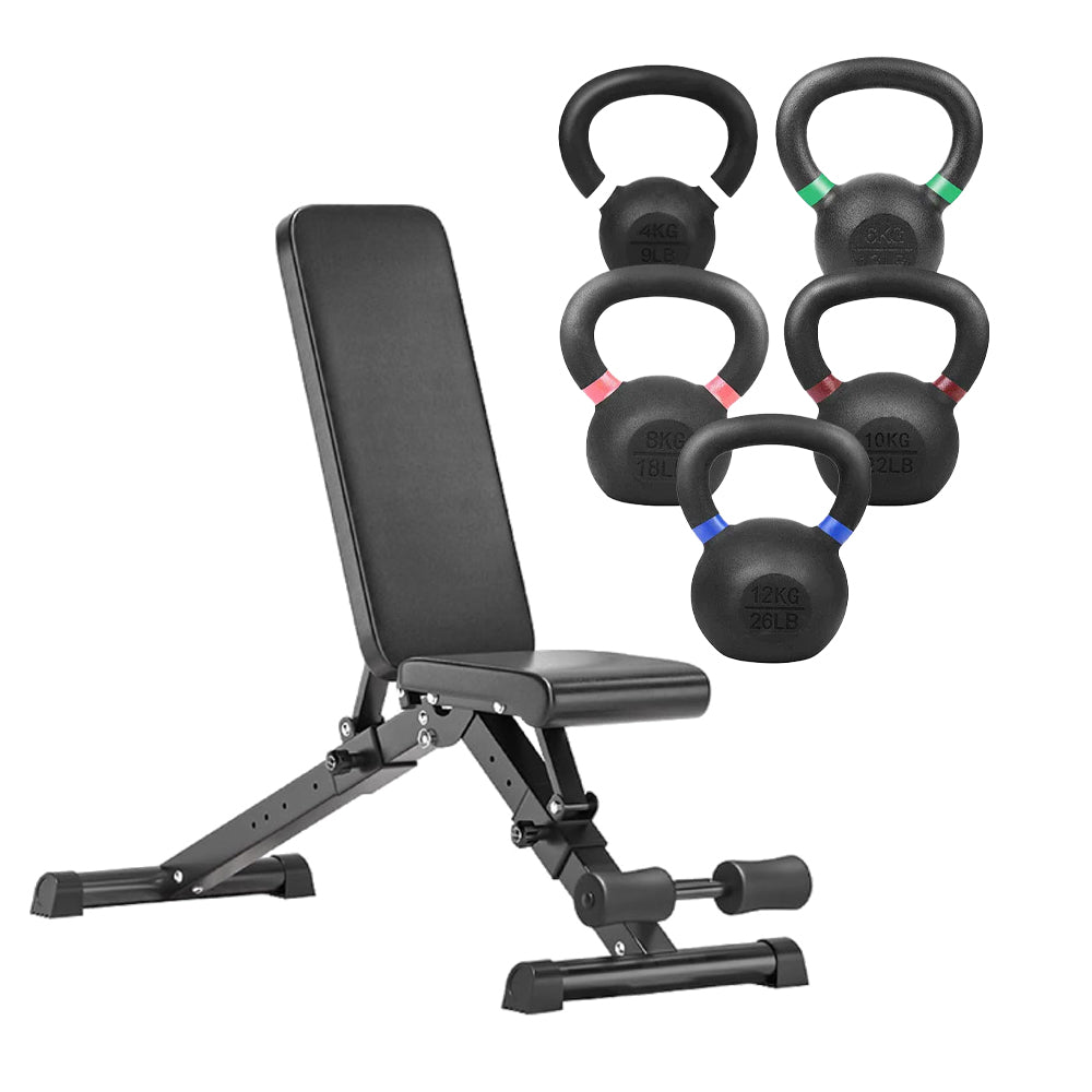 Set of cast iron kettlebells with adjustable weight bench