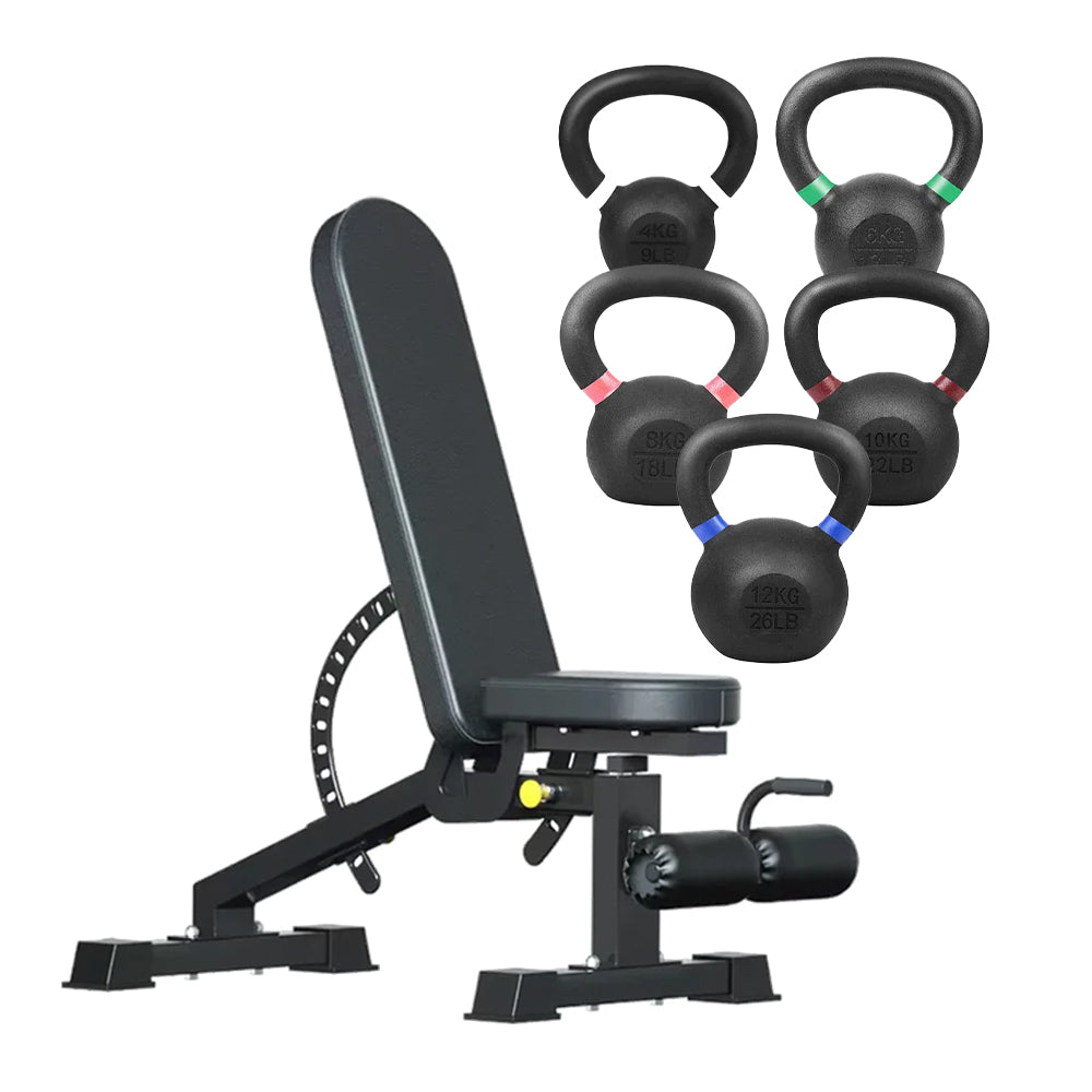 Set of cast iron kettlebells with adjustable weight bench