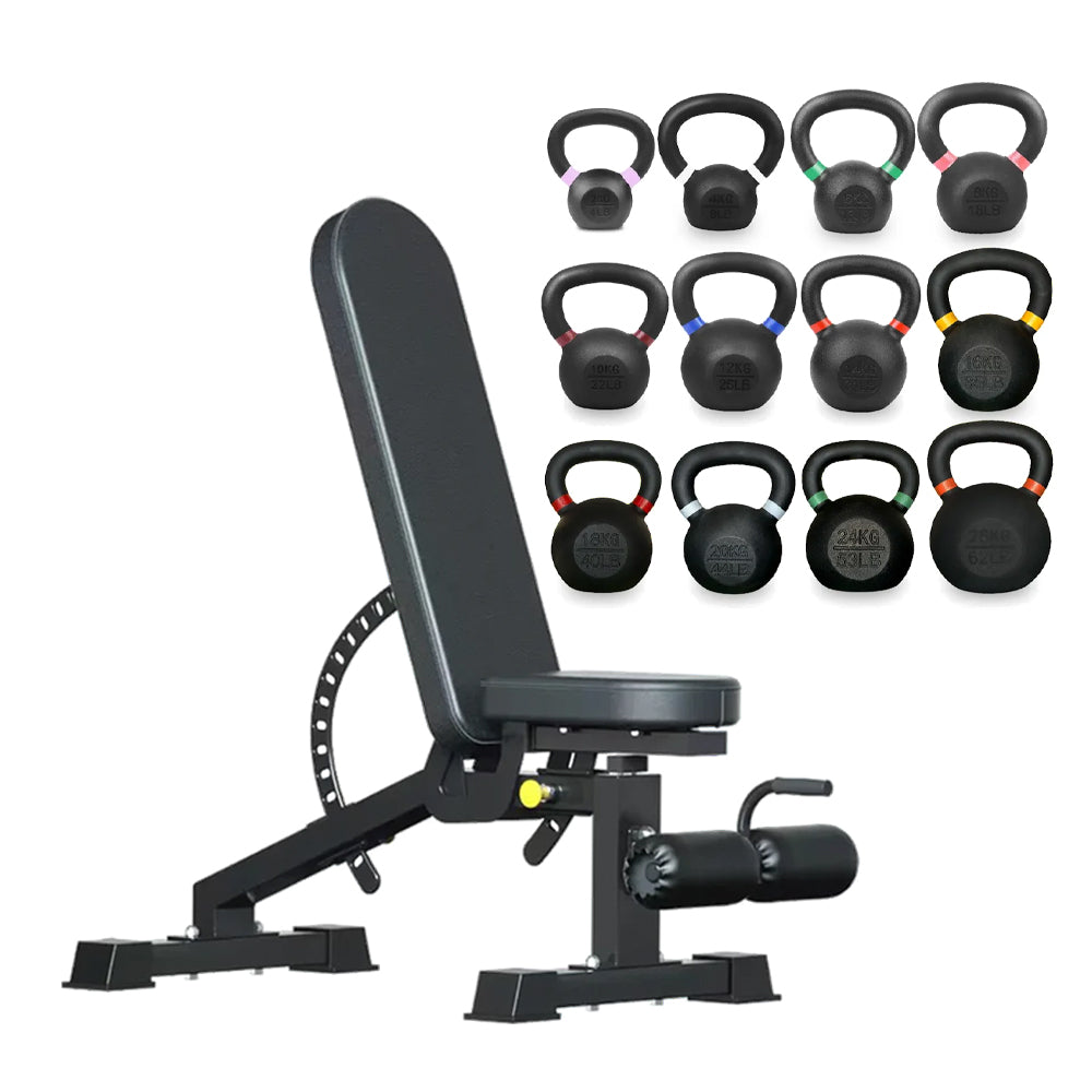 Set of cast iron kettlebells with adjustable weight bench