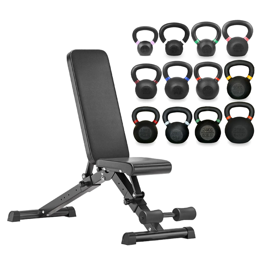 Set of cast iron kettlebells with adjustable weight bench
