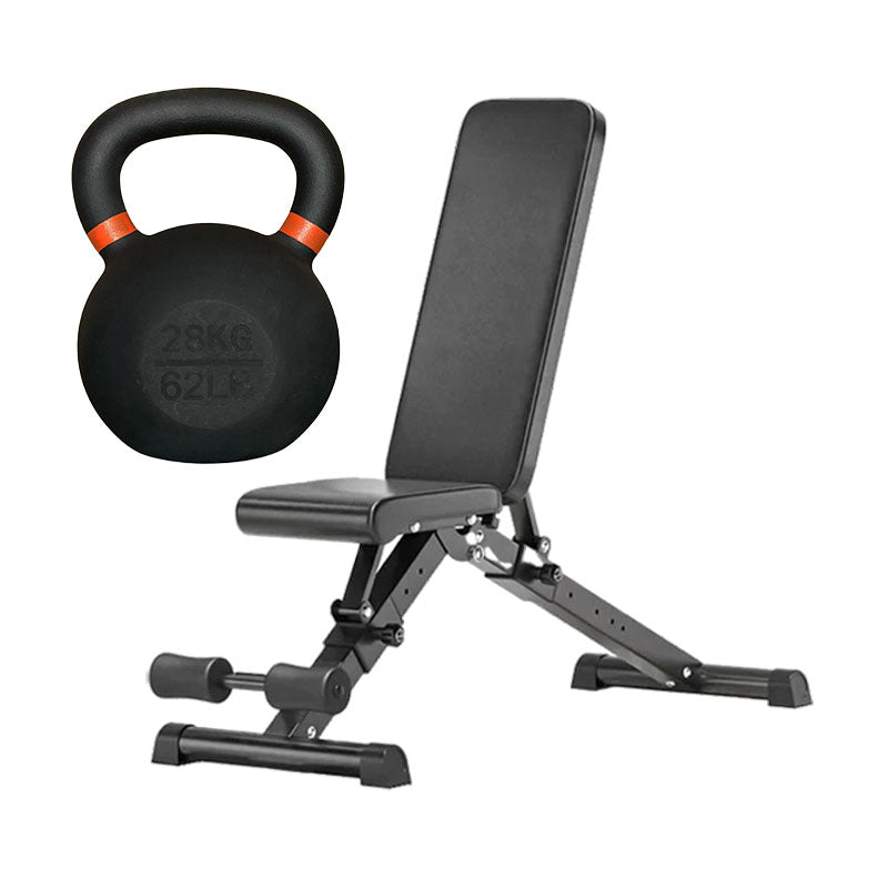 Cast iron kettlebell and adjustable weight bench