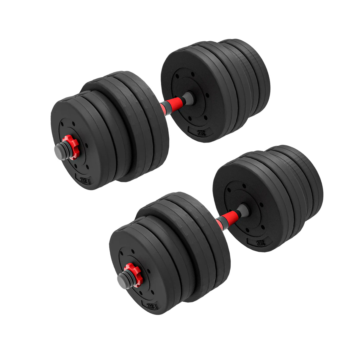 Pair of plate-loaded adjustable dumbbells