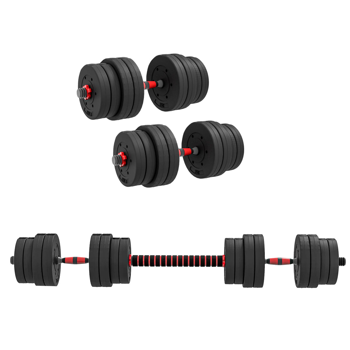 Adjustable dumbbells and connected barbell configuration
