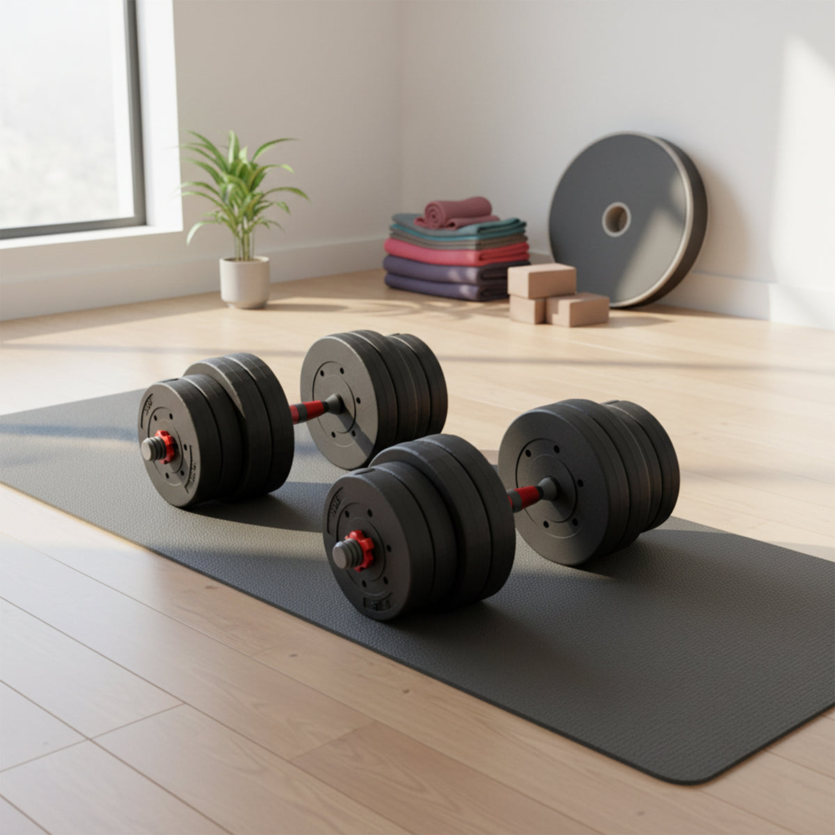 Adjustable dumbbells on the floor