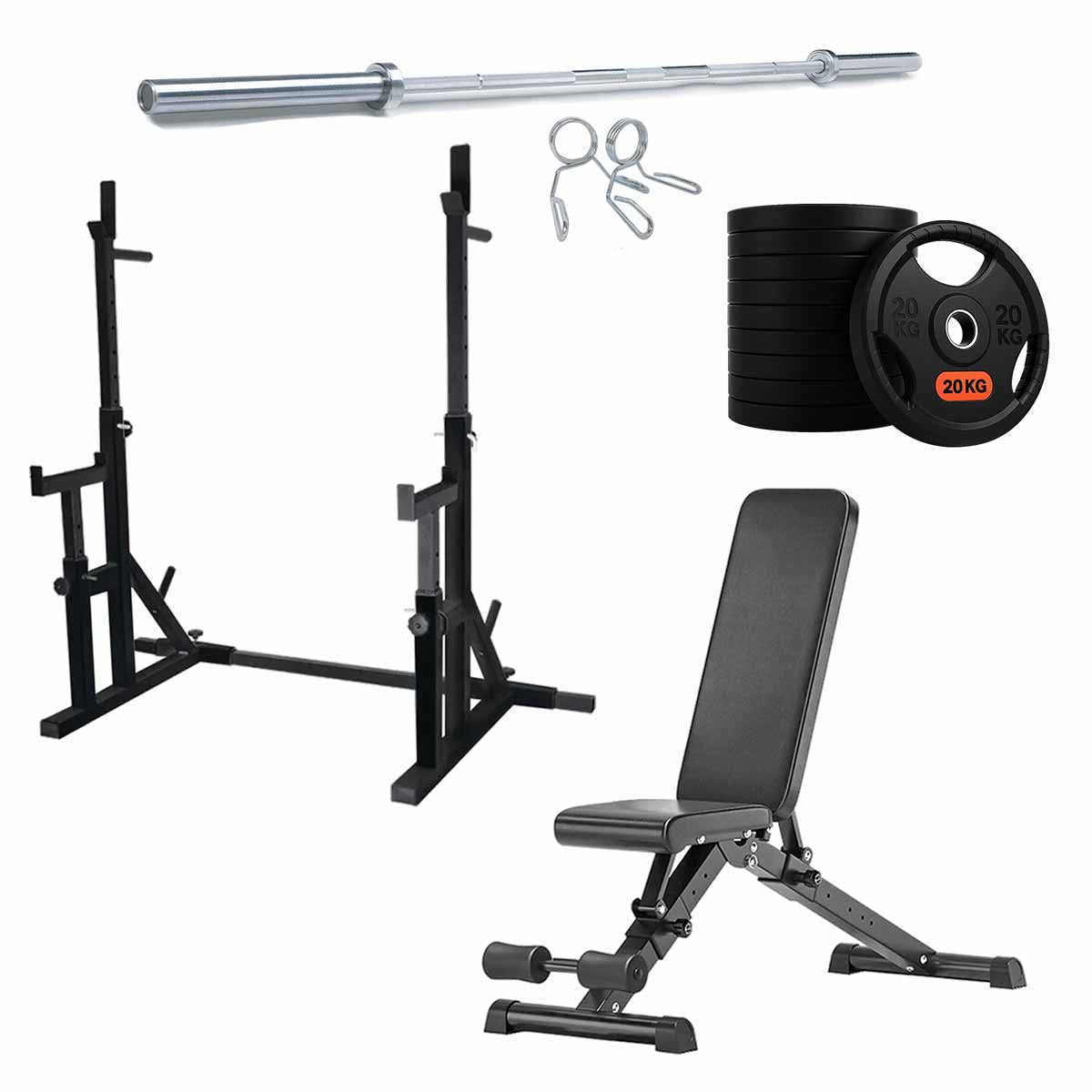 Black squat rack set with weight plates and adjustable bench