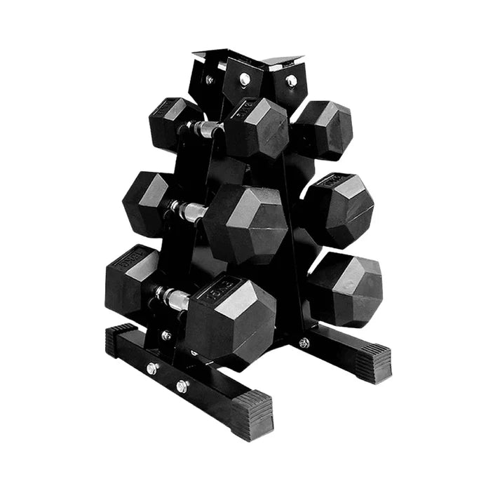 Hex dumbbell pairs on a compact tree rack