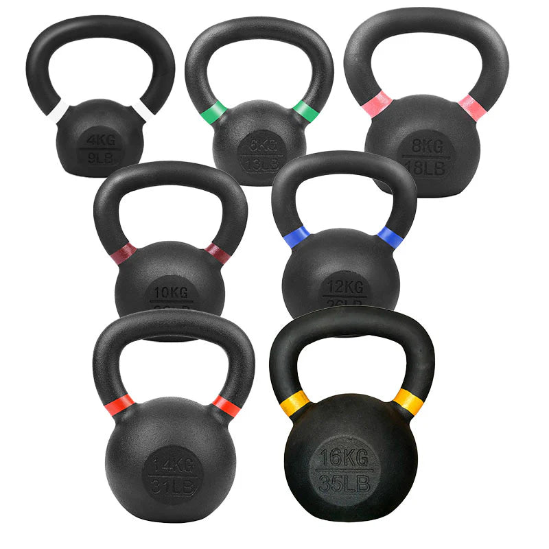 Set of cast iron kettlebells in assorted weights